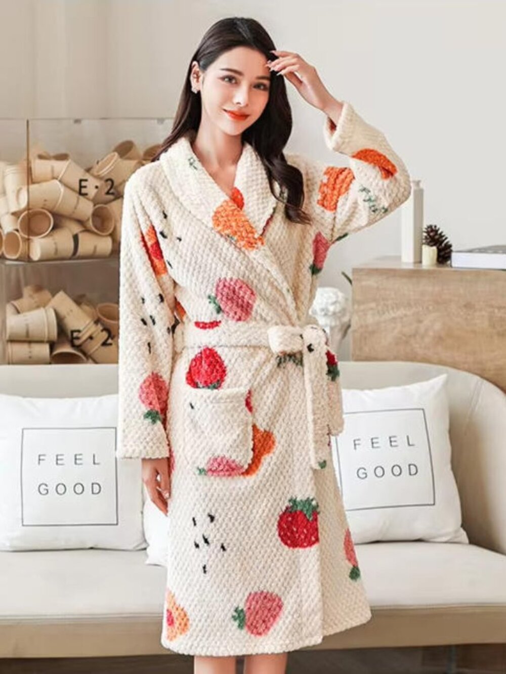 Thicken Women Flannel Kimono Robe, Warm Print Bathrobe With Belt